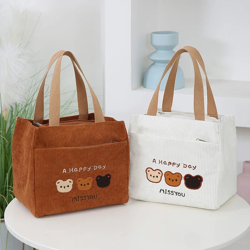 Corduroy Embroidered Bear Tote Bag Stylish Cosmetic Storage Handbag