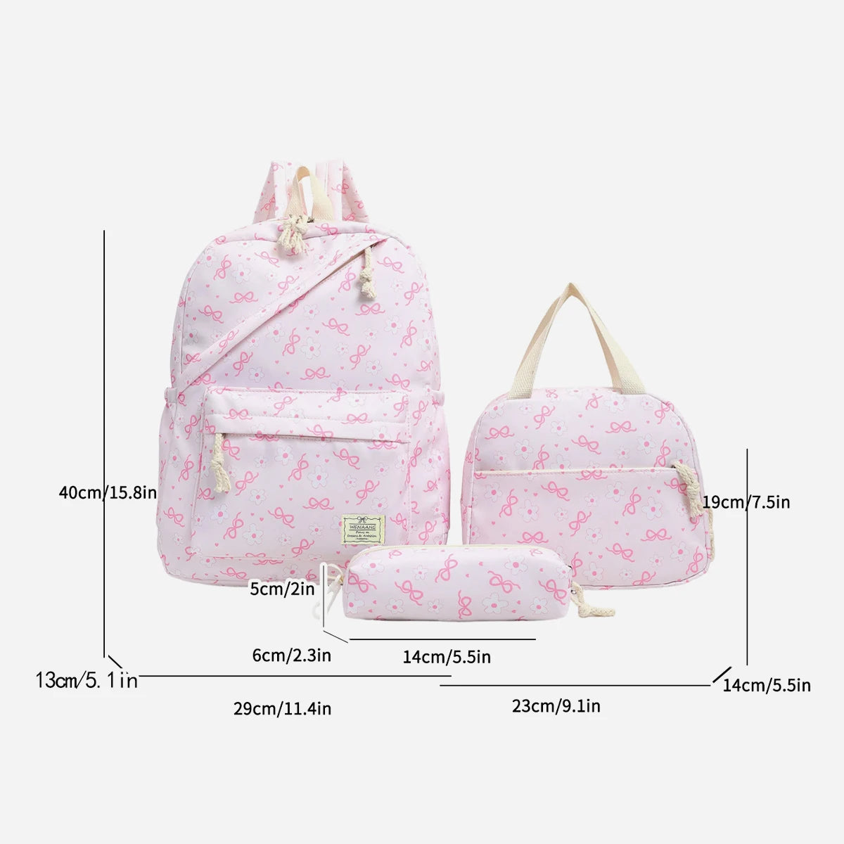Gentle Sweet Bow Flower Printed Three Piece Backpack Set Nylon Lightweight Large Capacity Girls