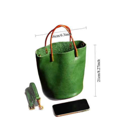 Pashewar Japanese Style Green Leather Bucket Bag Women S Summer Handbag Texture Cowhide Single