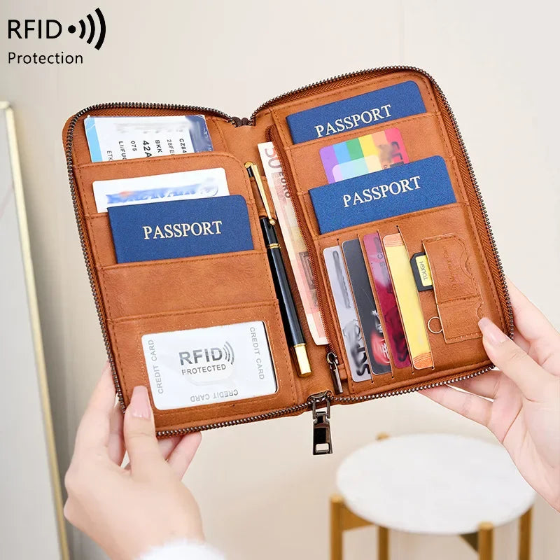 Multi-Function Rfid Blocking Passport Wallet Zip-Up Protective Case Travel Documents Finances