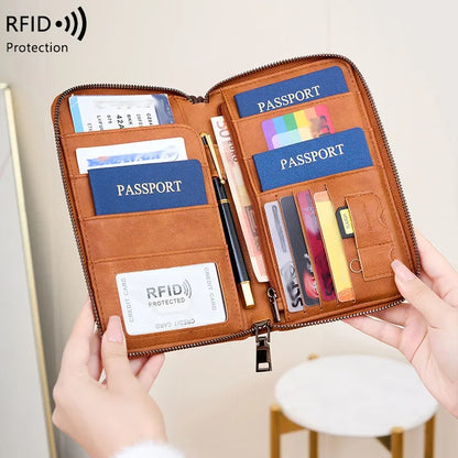 Multi-Function Rfid Blocking Passport Wallet Zip-Up Protective Case Travel Documents Finances