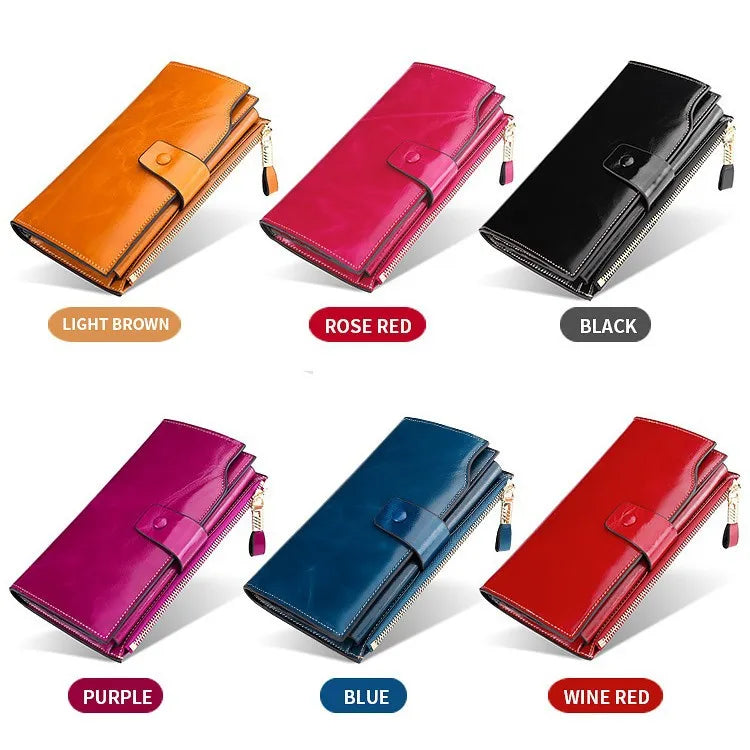 Genuine Leather Long Women S Wallet Rfid Anti-Theft Brush Multi-Slot Retro Oil Wax Hand-Held