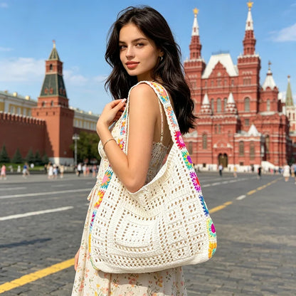 Boho Crochet Flower Tote Bag – Hollow Knit Shoulder Bag