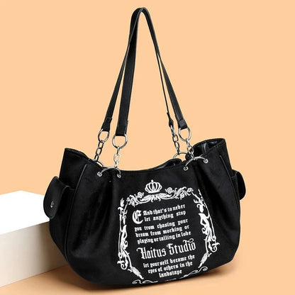 Letter Print Faux Suede Tote Bag – Retro Large Capacity Shoulder Bag for Women