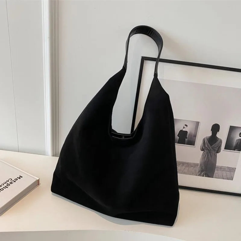 Faux Suede Tote Bag with Makeup Pouch – Large Capacity Women's Shoulder Bag