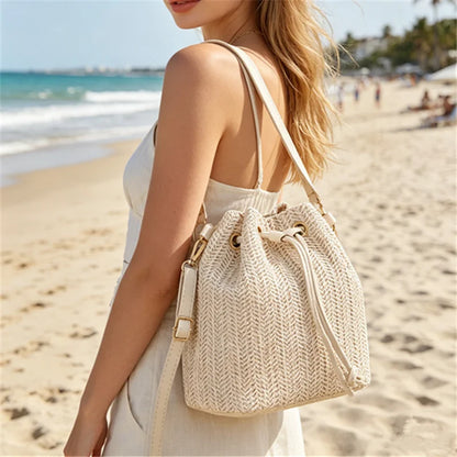 Straw Woven Bucket Crossbody Bag – Drawstring & Leather Strap