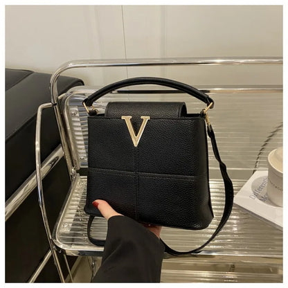 Colorblock Bucket Bag – Mini Crossbody Handbag with Gold V Accent