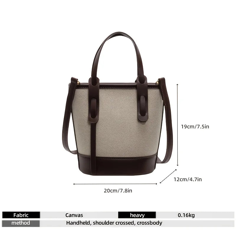 Two-Tone Canvas & Leather Bucket Bag for Women