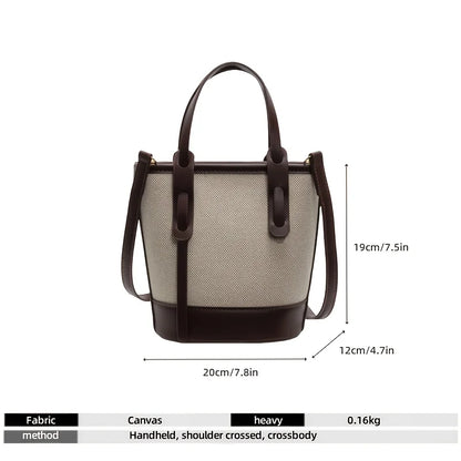 Two-Tone Canvas & Leather Bucket Bag for Women