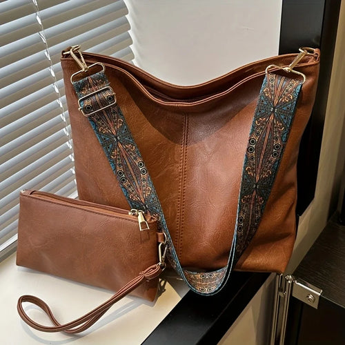 Retro PU Leather Bucket Tote Bag Set with Boho Wide Strap