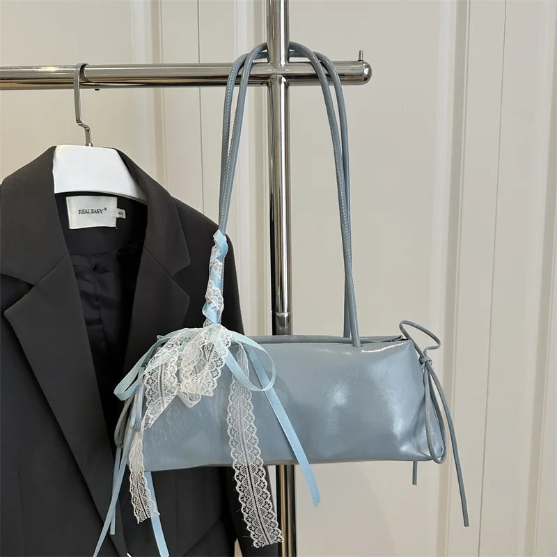 Faux Leather Shoulder Bag – Lace Ribbon Bow Tote Handbag