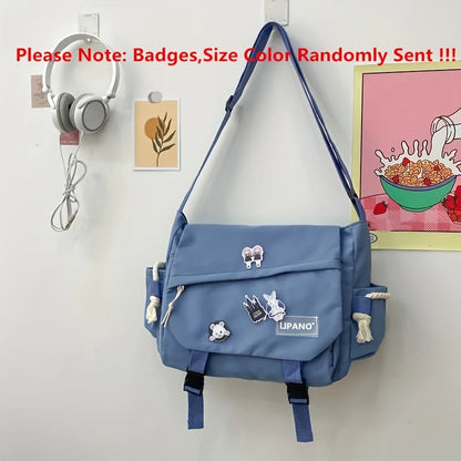 Kawaii Crossbody Messenger Bag with Badge Pins & Bear Pendant