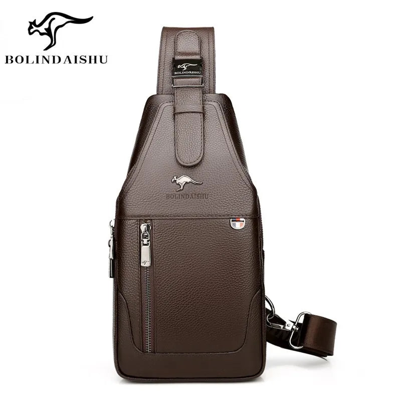 Men S Chest Bag Cowhide Crossbody Casual Single-Shoulder Bag