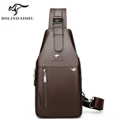 Men S Chest Bag Cowhide Crossbody Casual Single-Shoulder Bag
