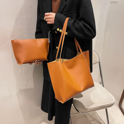 Large Capacity Tote Bag with Inner Pouch – Faux Leather