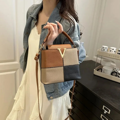Colorblock Bucket Bag – Mini Crossbody Handbag with Gold V Accent