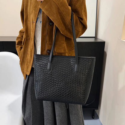 Retro Trendy Women Tote Bag Solid Color Glossy Pu Handbags Woven Texture Large Capacity Shopping