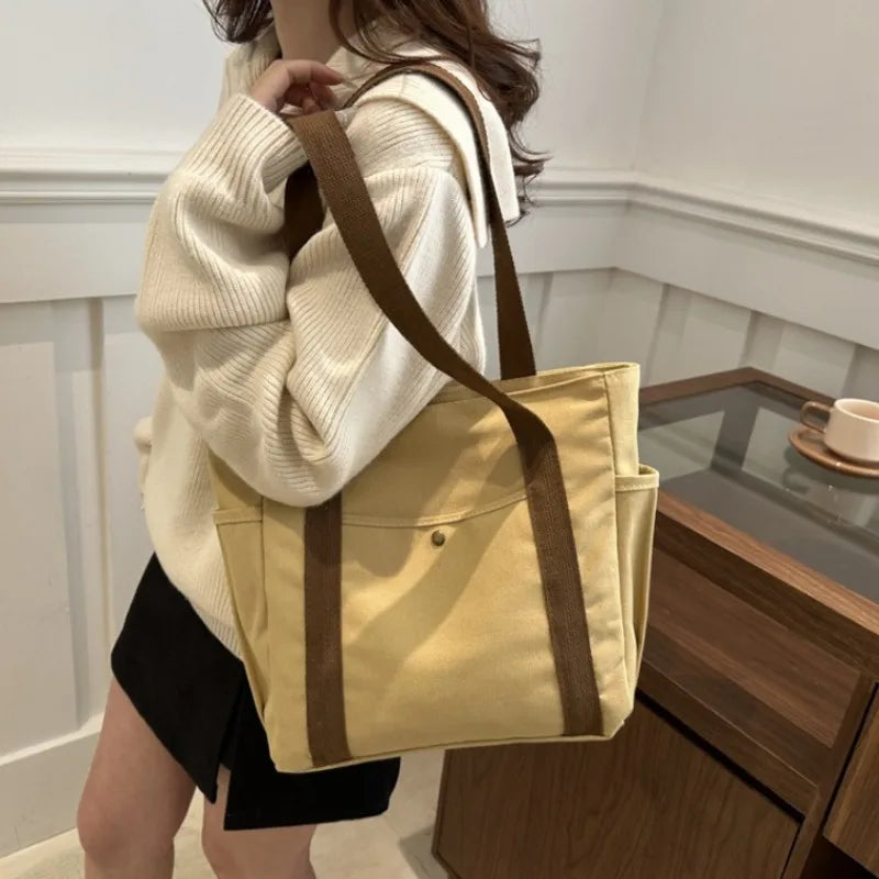 Canvas Tote Bag Multi-Pocket Shoulder Bag for Women