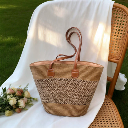 Vacation Fresh Women Shoulder Bag Stripe Woven Open Weave Tote Large Capacity Breathable Straw