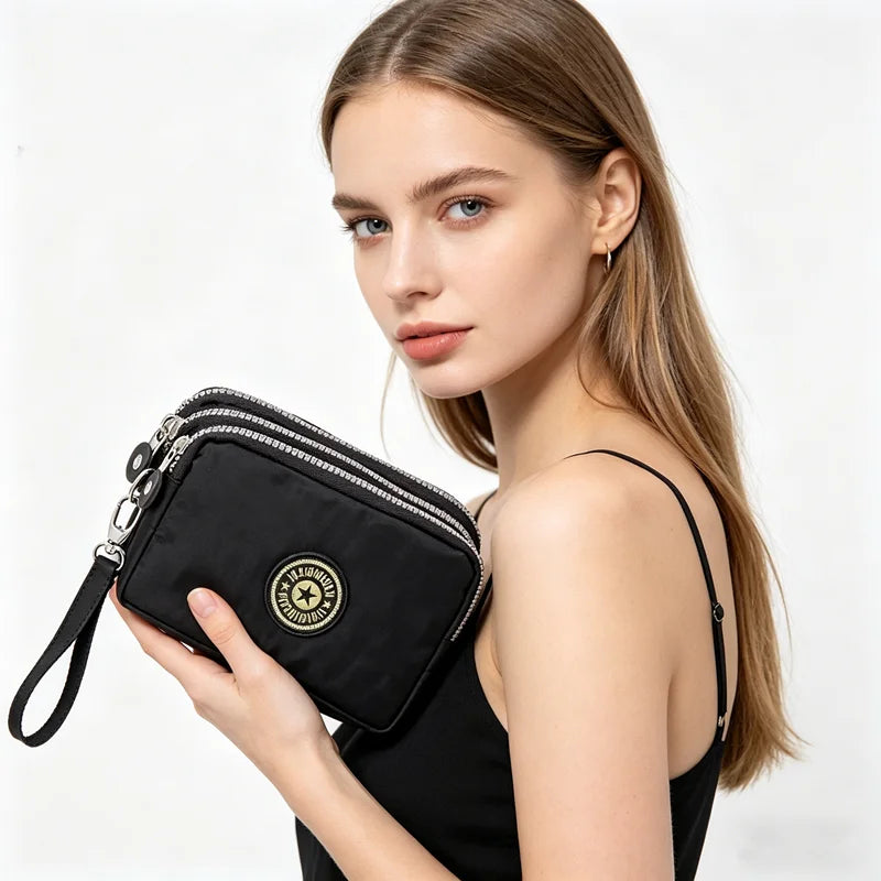 Chic Nylon Triple Zipper Wristlet Clutch Durable Multi-Pocket Design