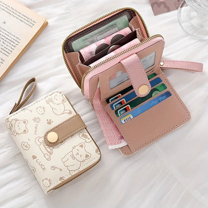 Cute Cat Print Wallet Women Tri-Fold Snap Closure Card Holder Purse