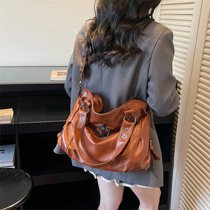 Retro Y2k Women Shoulder Bag Pu Cross Stud Large Capacity Handbag Adjustable Strap Multi Function