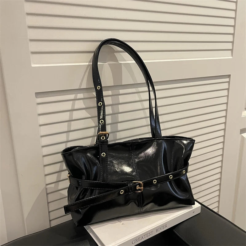 Trendy Simple Women Shoulder Bag Solid Color Soft Pu Leather Tote Large Capacity Handbag Commute