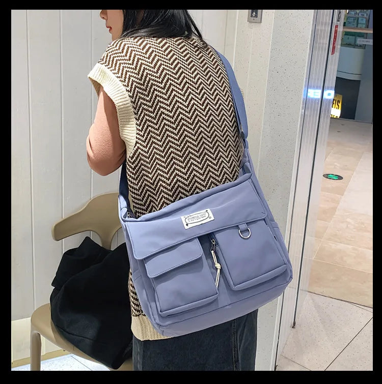 Nylon Crossbody Messenger Bag – Multi-Pocket Korean School Bag
