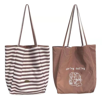 Striped Canvas Tote Bag – Double-Sided Large Shoulder Bag for Women