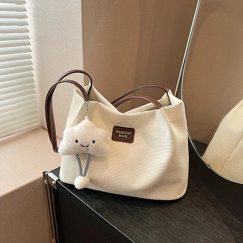 Textured Tote Bag with Plush Cloud Charm – Large Shoulder Bag