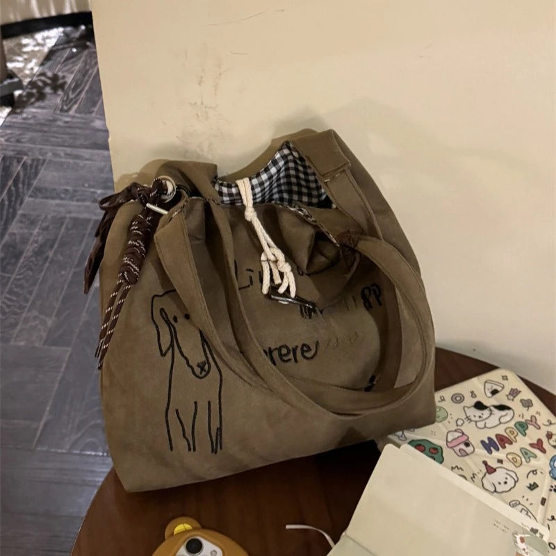Cute Puppy Print Canvas Tote Bag – Large Capacity Shoulder Bag