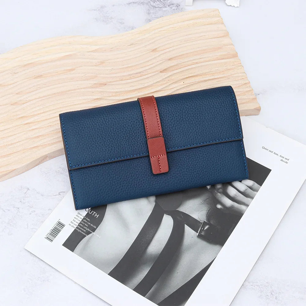 Color Contrast Long Purse Women Large Capacity Passport Position Mobile Phone Holding Bag Leather