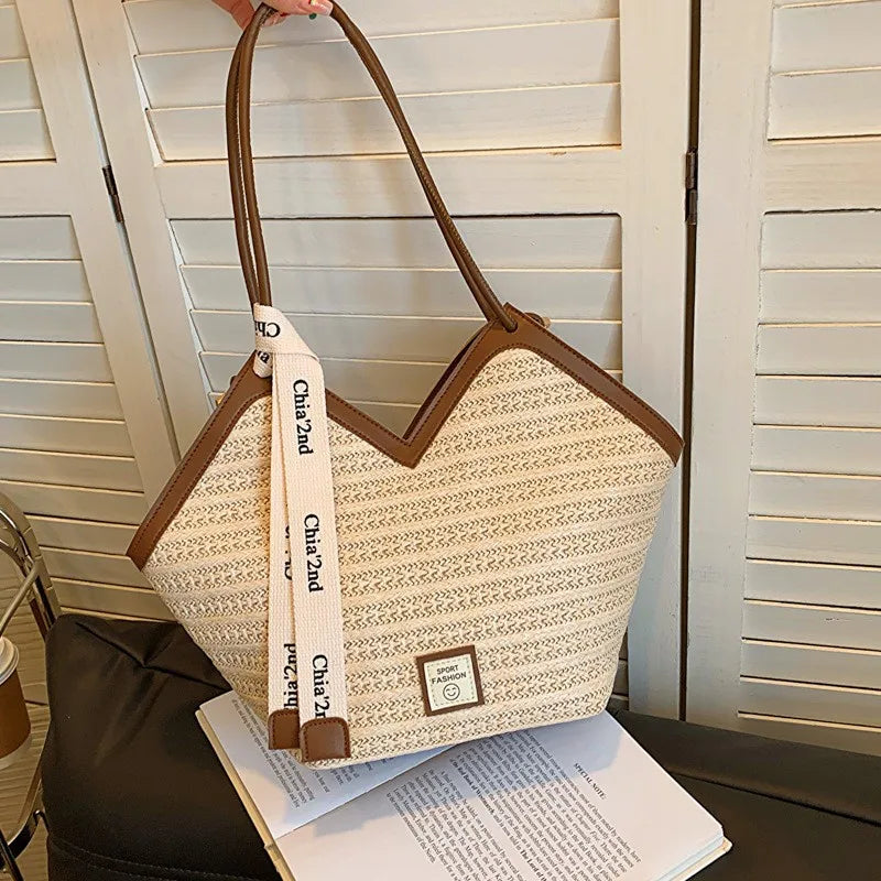 Stylish Straw Leather Tote Bag Ribbon Detail Spacious Perfect Handbag Shoulder Bags Summer Beach