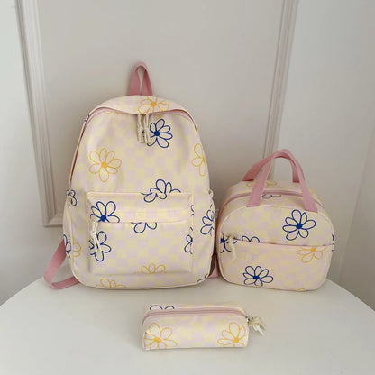 Dopamine Checkerboard Floral Print Three Piece Backpack Set Lightweight