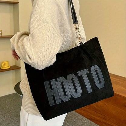 Letter Patch Suede Tote Bag – Vintage Women's Shoulder Handbag with Zipper