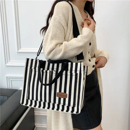 Large Capacity Women S Shoulder Bag Cool Street Handbag Trendy Striped Canvas Crossbody Bag