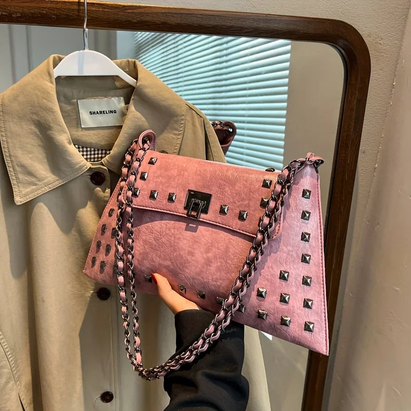 Rivet Chain Shoulder Bag Vintage Studded Leather Purse