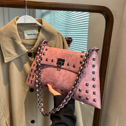 Rivet Chain Shoulder Bag Vintage Studded Leather Purse