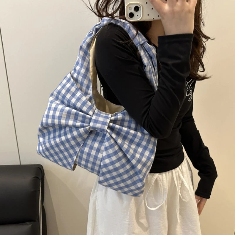 Checkered Canvas Tote Bag with Oversized Bow - Underarm Shoulder Handbag