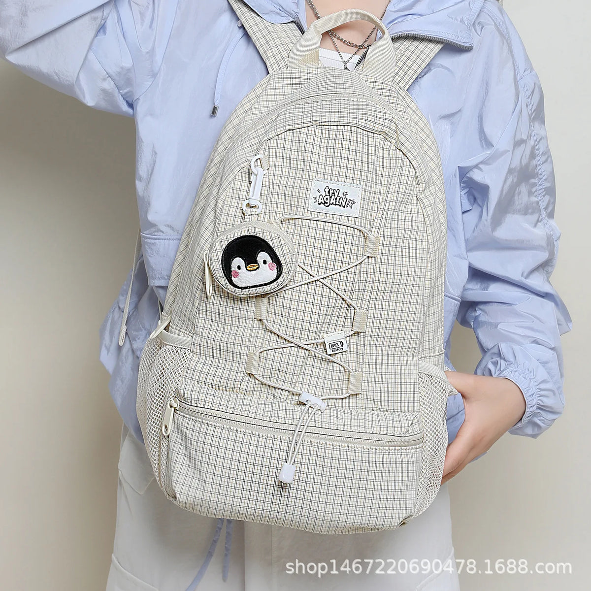 Drawstring Checkered Striped Backpack Polyester Lightweight Workwear