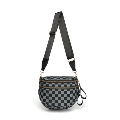 Checkered Saddle Crossbody Bag – Dual Zipper Shoulder & Waist Pack for Women