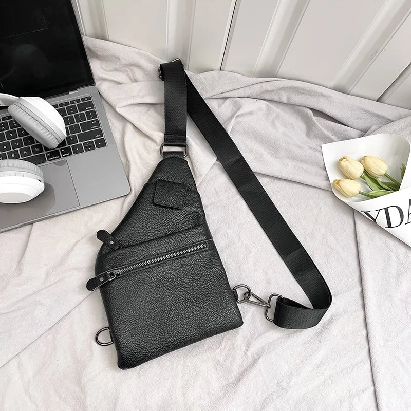 Men S Cowhide Chest Bag Multi-Layered Business Irregular-Shaped Crossbody Bag Genuine Leather Men S