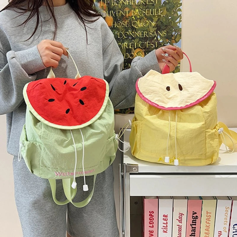 Cute Watermelon Flap Drawstring Backpack Fruit Print Small Rucksack Top Handle