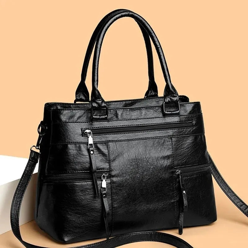 Leather Tote Bag for Women – Multi-Pocket Shoulder & Crossbody Handbag