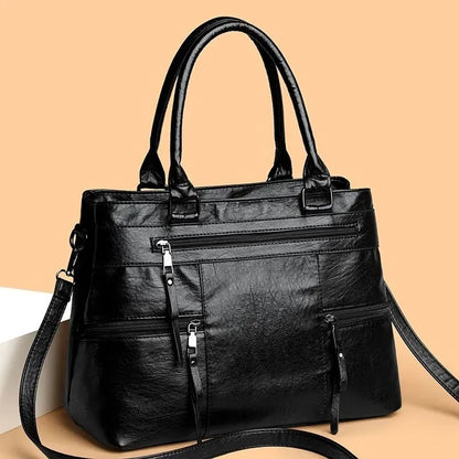 Leather Tote Bag for Women – Multi-Pocket Shoulder & Crossbody Handbag