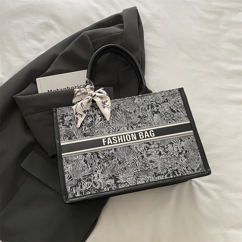 Stylish Jacquard Tote Bag Large Capacity Top Handle Bags Purse Silk Scarf Accent Women S Everyday