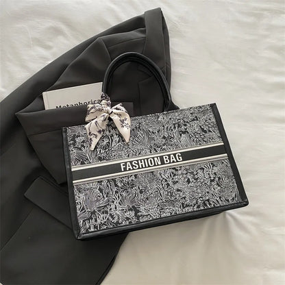 Stylish Jacquard Tote Bag Large Capacity Top Handle Bags Purse Silk Scarf Accent Women S Everyday