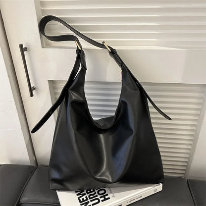 Sleek Black Leather Shoulder Underarm Bag Minimalist Spacious Perfect Everyday Casual Chic Outfits