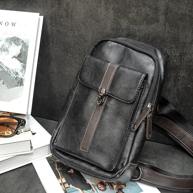 Pu Leather Men S Crossbody Bag Simple Multi-Functional Chest Bag Commuting Portable Waterproof