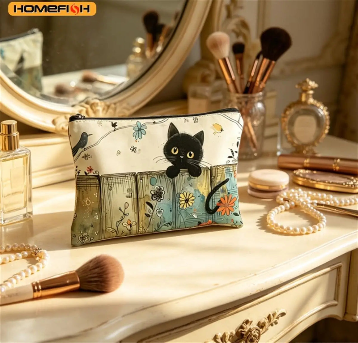 1 Homefish Vibrant Black Cat Floral Zipper Cosmetic Bag